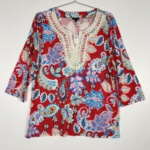 NWT Talbots Shirt Womens XL Red Paisley Embroidered Neck 3/4 Sleeve Boho Tunic